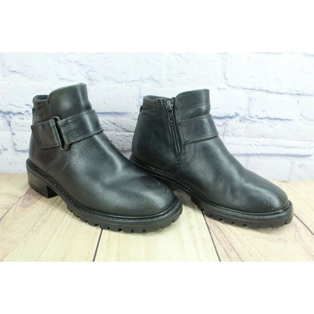LL Bean Black Leather Wool Lined Side Zip Chunky Heel Y2K Combat Boots Size 7 M - Picture 5 of 10